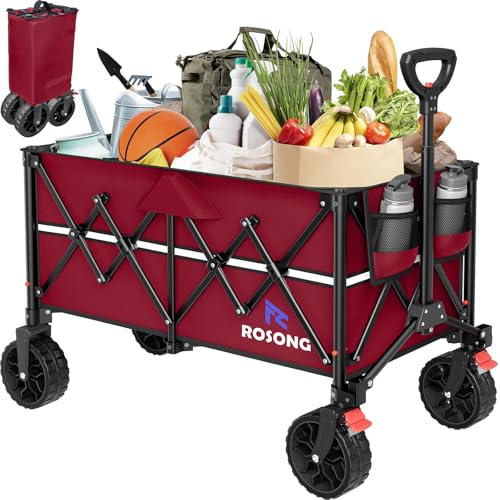 Image of ROSONG Collapsible Wagon Cart with Wheels Foldable - Folding Utility Heavy Duty Wagons Carts for Grocery Sports Garden Shopping Camping Wheelbarrows (Burgundy, 150L)