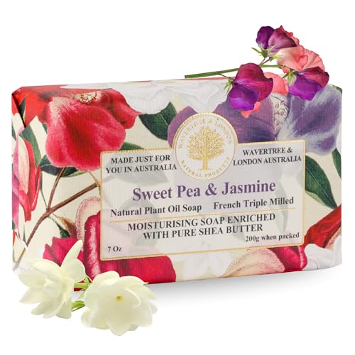 Wavertree & London Sweet Pea & Jasmine Scented Natural Soap Bar, 7oz Moisturizing French Triple Milled Soap Bar for Women & Men Enriched with Organic Shea Butter, Pure Bath & Body Soap (1 Bar)
