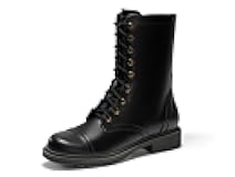 Womens Mid Calf Combat Boots Low Heel Lace Up Round Toe Military Boots Fall Shoes with Side Zipper