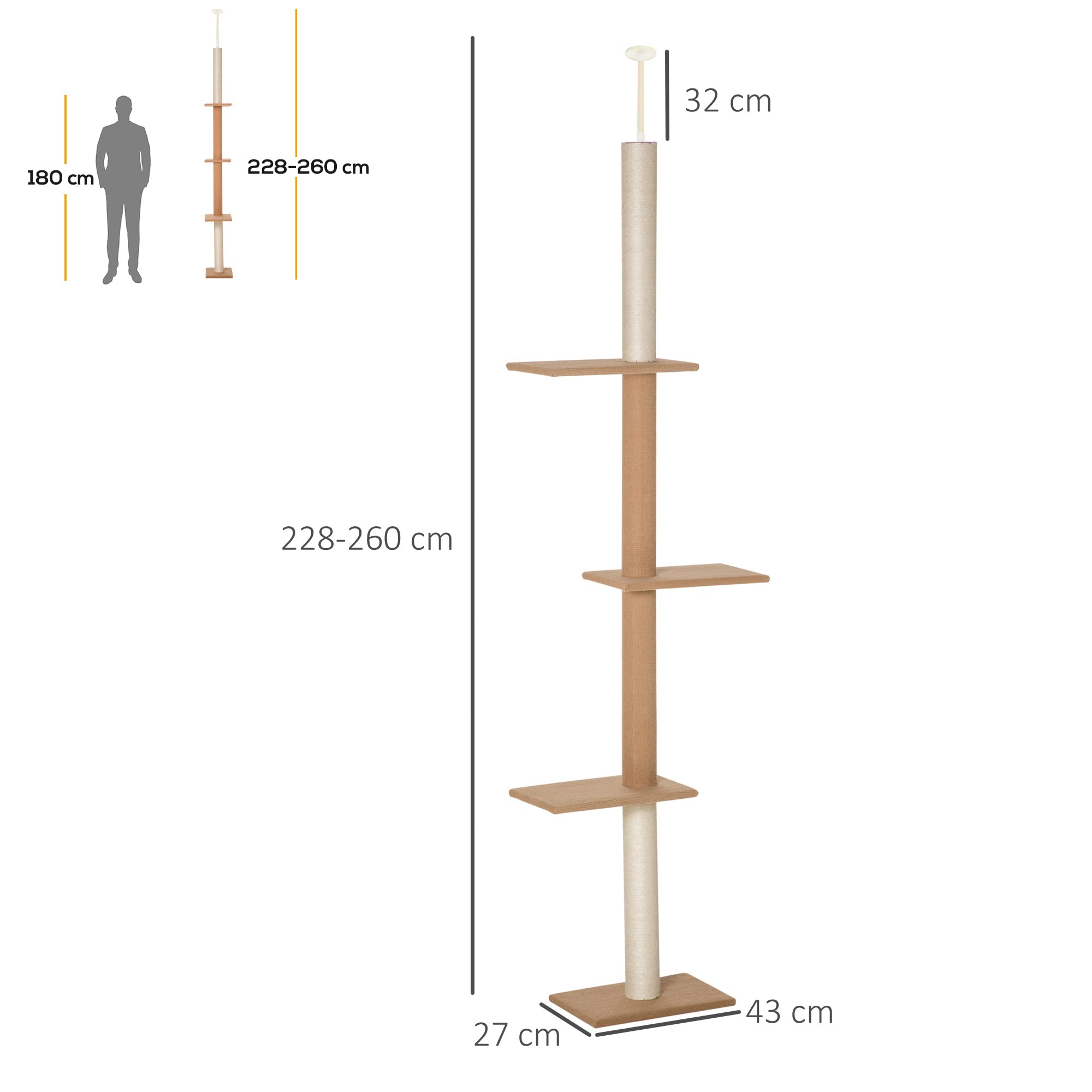 PawHut Albero Tiragraffi per Gatti a 4 Livelli, Tiragraffi a Soffitto con Altezza Regolabile, 43x27x228-260cm, Marrone Chiaro