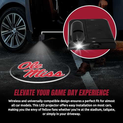 Sporticulture American Football Ole Miss LED Car Door Light - Officially Licensed NCAA Wireless Projector - Show Your Team Pride - Battery Operated, Universal Fit - Thumbnail 3