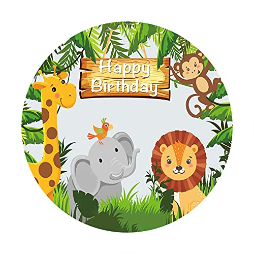 YongFoto D150cm Rond Date d'anniversaire Photographie Fond Safari Jungle Tropicale Éléphant Lion Singe Toile de Fond pour Enfant Adulte Famille Fête d'anniversaire Séance Photo Accessoires Cover
