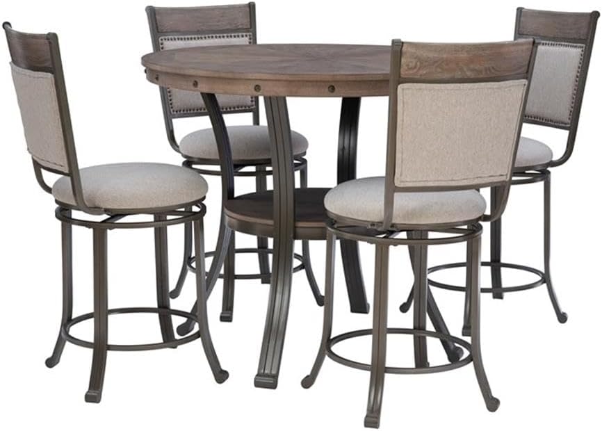 Pemberly Row 5 Piece Counter Height Dining Set, 42" Round Table with Pewter Metal Base, Ash Veneer Top, Champagne Finish, 4 Swivel Stools with Beige Upholstered Seats, Industrial Style for Kitchen or