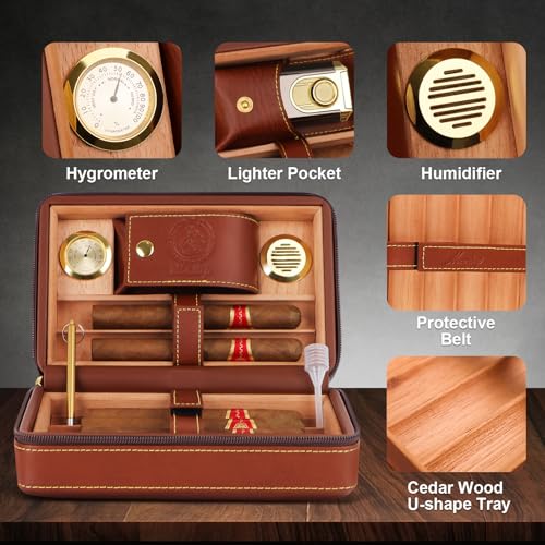 Travel Cigar Humidor, Cedar Wood Lined, with All-in-one Cigar Lighter, Built-in V Cutter& Holder, Cigar Draw Enhancer, Hygrometer & Humidifier, Leather Cigar Case with Cigar Accessories Hold 6 Cigars - Image 3