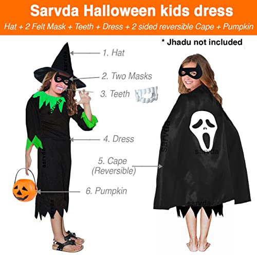 Image of Sarvda Hosiery, Velvet, And Satin Halloween Costume|Halloween Dress For Boys|Witch Costume For Girls (5-6 Years, Green Witch (Dress, Hat, Black Cape, Pumpkin, Teth))