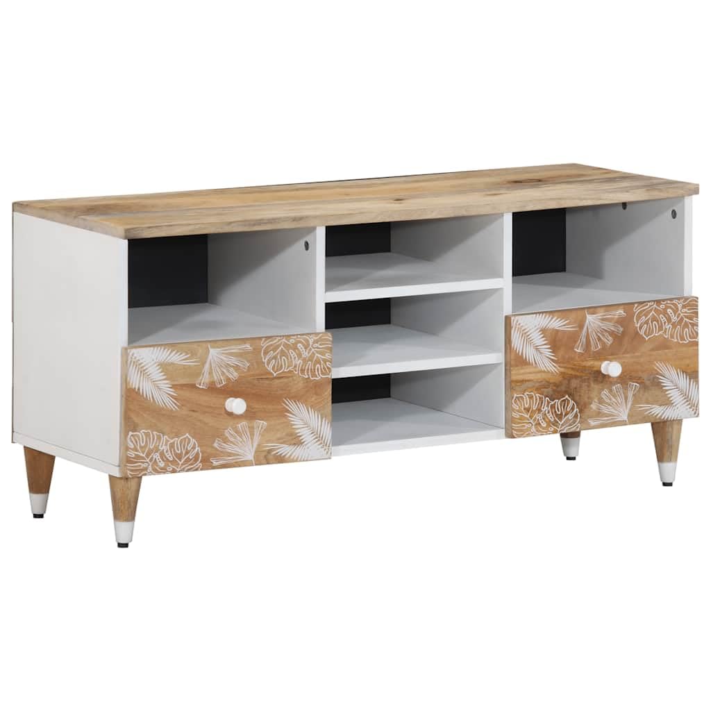 TV-Schrank aus massivem Mangoholz 100x33,5x46 cm mit 2 Schubladen und Regal, stabiles Lowboard für Wohnzimmer Heimkino, Hifi, DVD, CD und Gaming Zubehör