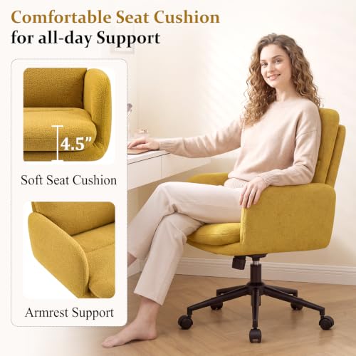 Image of Comfortable Ergonomic Office Chair, Upholstered Desk Chair with Double-Layer Cushioning, Adjustable Height Swivel Task Chair with Padded Armrests, Rolling Wheels and Metal Base, Yellow
