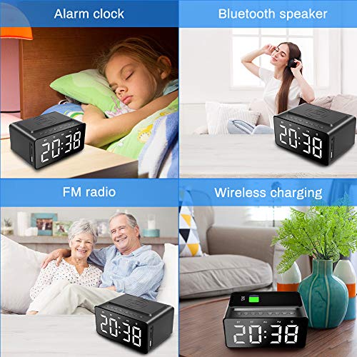 LINGSFIRE Wekker Nachtkastje Bluetooth-luidspreker FM-radio Niet tikkende met USB-oplader en draadloos QI-opladen, 3 niveaus digitaal dimbaar led-display, netvoeding met back-upbatterij - Image 8