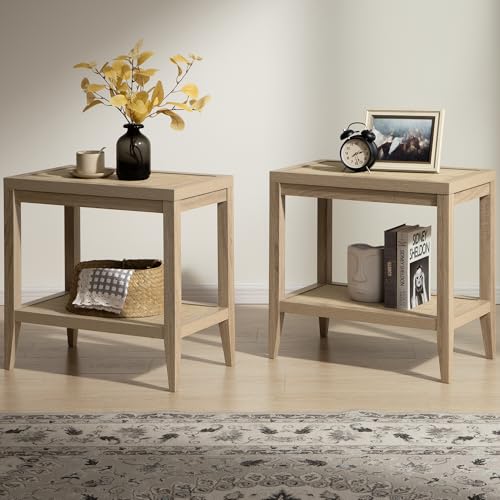 Image of SICOTAS Rattan Nightstands Set of 2 - Boho Shelf Bedside Tables Narrow End Table Living Room Set of 2 Side Table with Rattan Storage Shelves for Small Space - Light Oak