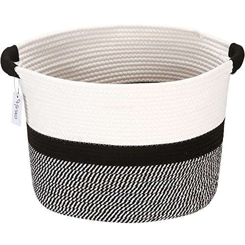 Hinwo Oval Cotton Rope Storage Basket Collapsible Nursery Storage Box Container Organizer with Handles, 16 x 13 inches, Off White and Black