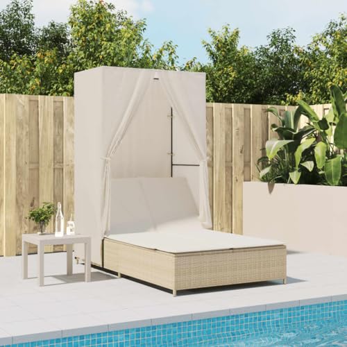 IKAYAA Cama Exterior Jardin con Techo y Cortinas, Cama Balinesa, Tumbona Doble Regulable y Respaldo Reclinable, Cama Jardin Exterior, Tumbonas Dobles, Beige y Crema