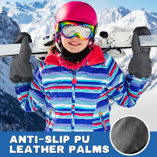Image of MCTi Kids Mittens Waterproof Winter Ski Warm Sherpa Lined Long Cuff with String