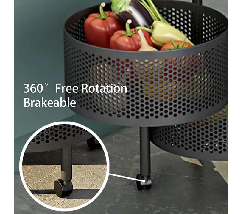 Image of MARKWELL Round Rotatable Kitchen Trolley with Wheels | Vegetable Fruit Onion Storage Rack | Multipurpose Metal Kitchen Organizer Stand | Matt Black (Round - 5 Layer)