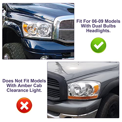 Bincmay Anti-Fogging Headlight Assembly Fit For 06 07 08 2006 2007 2008 Dodge Ram 1500, 06 07 08 09 2006 2007 2008 2009 Ram 2500/3500 Driver And Passenger Side (Chrome Housing Amber Reflector) #TOP5