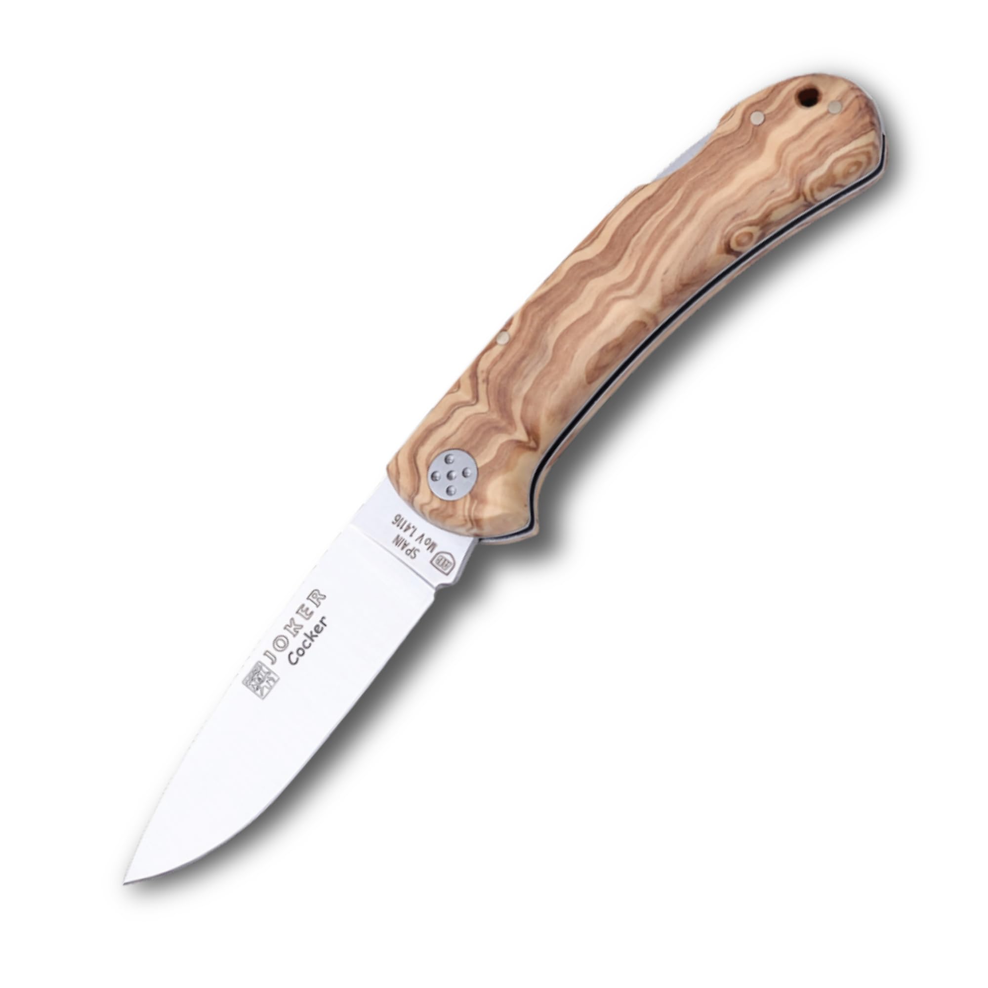 Joker Navaja de caza Cocker NO134, mango de madera de olivo, hoja de 9 cm MOVA, con cordón de cuero, herramienta de pesca, caza, camping y senderismo