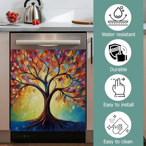 Image of Dishwasher Cover,Tree of Life Reusable Dishwasher Magnet Cover,Decorative Abstract Colorful Tree Magnetic Refrigerator Cover Front Panel Cover for Kitchen Decor 23x26 Inch