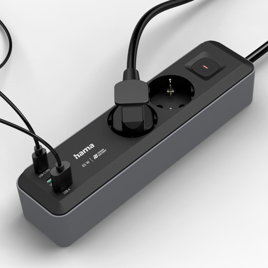 Hama Steckdosenleiste mit 2 Erdungssteckdosen + 3 USB-Ports mit Schalter (Mehrfachsteckdose, 2 x USB-C + 1 x USB-A, 65 W PD, Schnellladung, Kabel 1,4 m, 2 Schuko-Steckdosen, kompatibel mit Frankreich