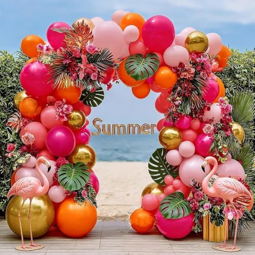 Image of Pink Orange Balloon Garland Double Stuffed Hot Pink Orange Gold Metallic Pastel Balloon Arch Kit for Birthday Sunset Bridal Shower Summer Tropical Fall Thanksgiving Party Decorations