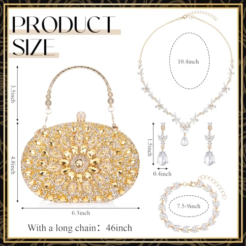 Image of Quelay 4 Pcs Purse Rhinestone Jewelry Set for Wedding Bridal Women Evening Clutch Bag Necklace Dangle Earrings Bracelets
