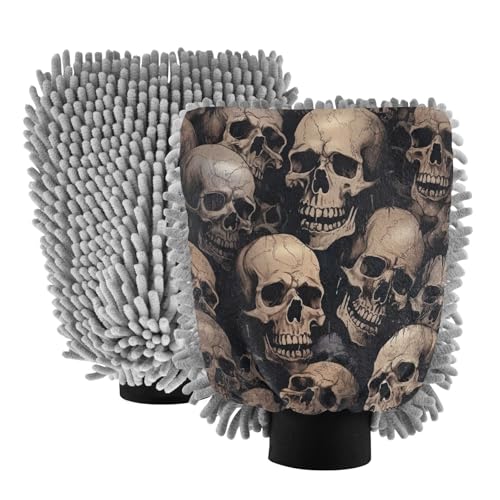 Flradish 2 Pack Skull Vintage Pattern Car Wash Mitt Chenille Microfiber Lint-Free Scratch Free Ultra-Soft Absorbent Car Wash Mitt 11.8x8.07 Inch