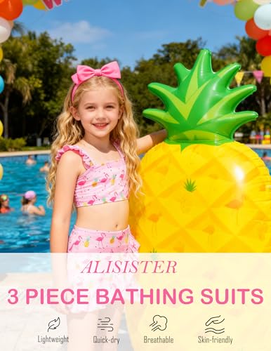 Image of ALISISTER Girls Swimsuit 3 Piece Bathing Suits Summer Bikini Tankini Sets with Cover Up Skirt for 4-12 Years