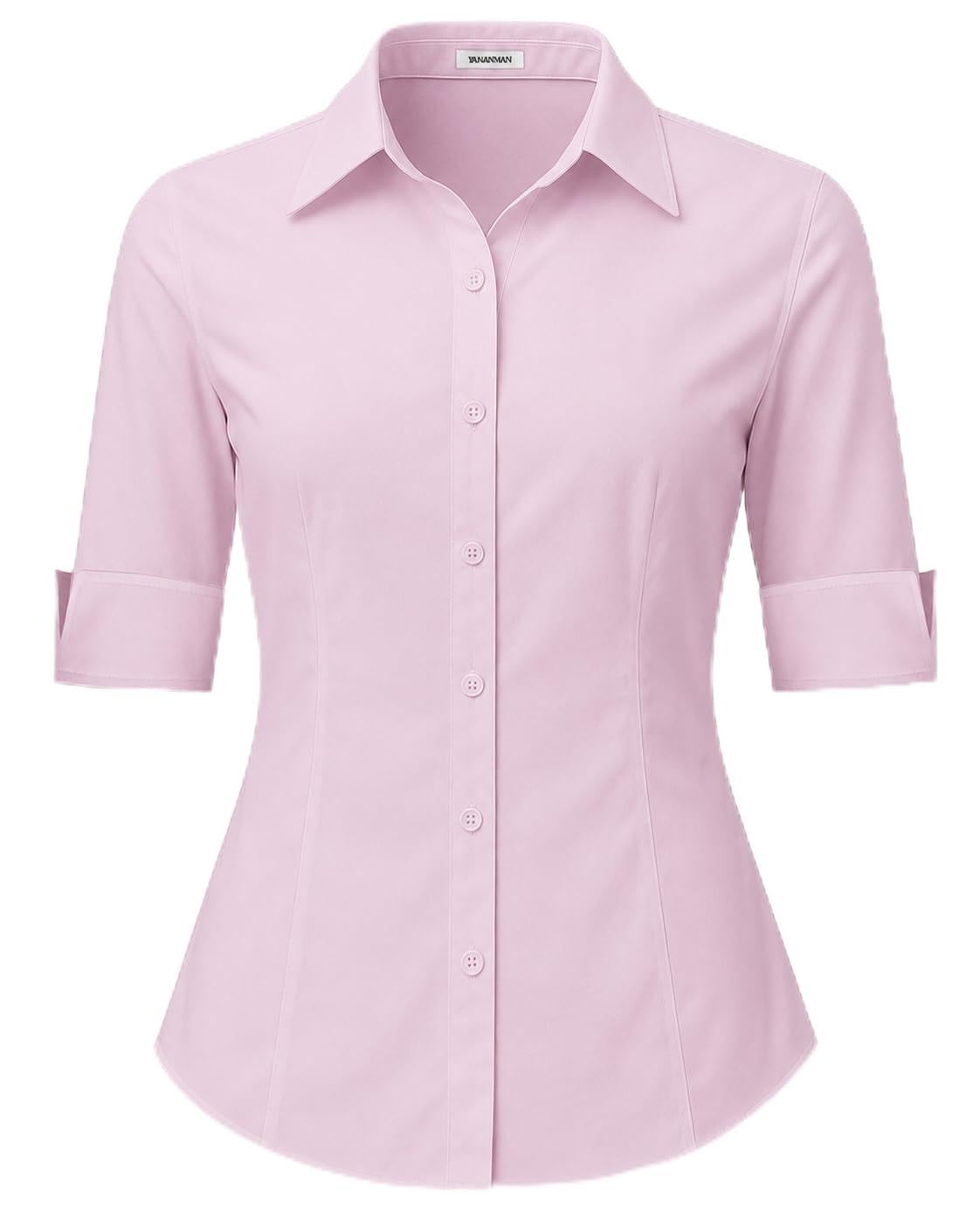 SPRING SEAON Damen Bluse 3/4 Ärmel Slim Fit V-Ausschnitt Knopfleiste Hemd Shirt Business Blusen mit Knopleiste Kurzarm Blusenshirt Tops Sommer Herbst Hemdbluse für Büro und Freizeit