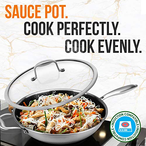 Nutrichef 12" Stainless Steel Durable Wok - Triply Kitchenware With Glass Lid, Side Handle - Dakin Etching Non-Stick Coating, Scratch-Resistant Raised-Up Honeycomb Fire Textured Pattern - Ncs3Pwok #TOP5