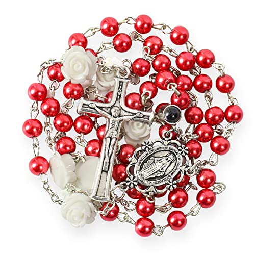 Nazareth Store Pearl Beads Rosary Beaded Necklace Projection Our Father Prayer Medal with Miraculous Centerpiece and Jesus Crucifix NS (Red)