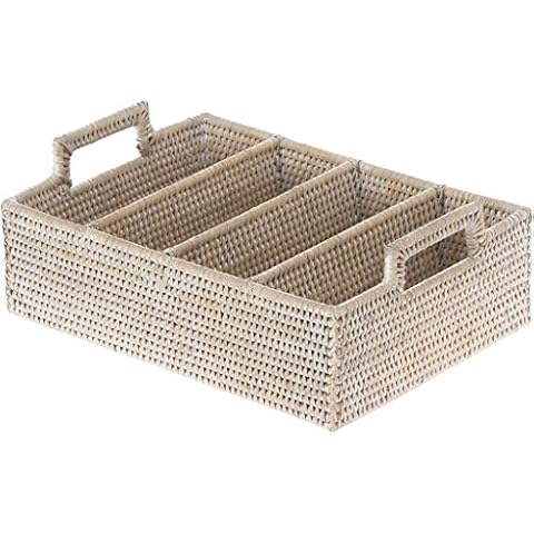 Kouboo La Jolla Rattan Flatware Tray and Organizer, White Wash, Rattan & Wicker, 35.56 x 25.4 x 13.34 cm Cover
