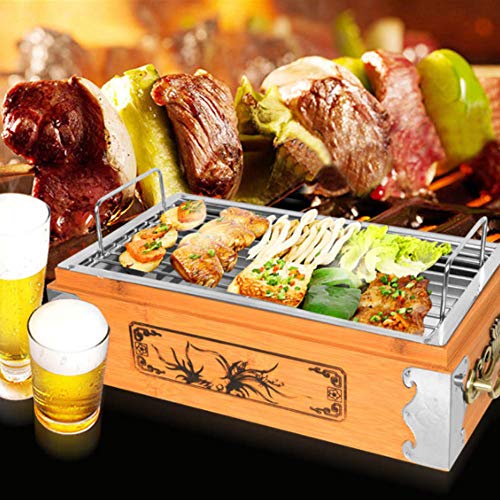Churrasqueira portátil, churrasqueira com alça de aço inoxidável de alta resistência, caixa de madei