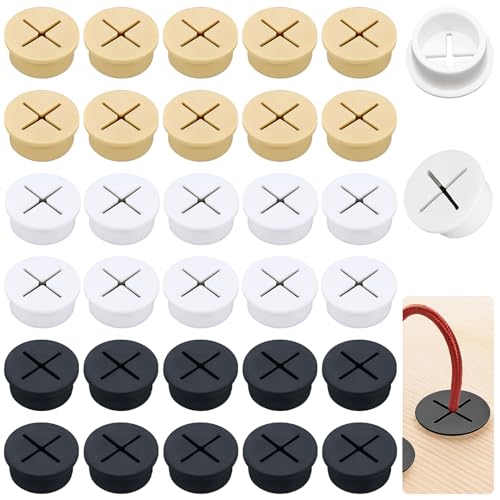 YOUNGSAY 30 Stück Flexible Silikon Kabeldurchführung, 25mm Runden Silikon Kabeldurchführung, Kreuzöffnung Silikon-Kabeldurchführung, Für Tisch Kabelmanagement (3 Farben)