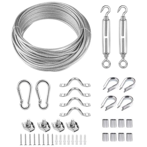 TooTaci 20M Cuerda de Acero Inoxidable Suspensión Kit,3mm recubierto de PVC de alambre de cable Inoxidable, con Tensor y Ganchos, para Colgar Luces, Fotos,Toldos, Tendedero