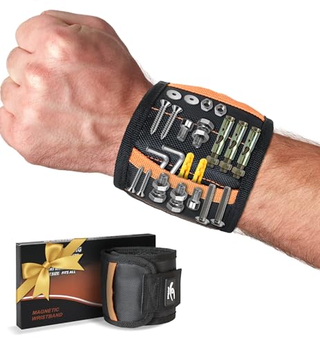 HiRui Magnetic Wristband for Tools Ultra-Strong 15 Neodymium Magnets Hold Screws Nails & Bits Dual Pockets HandsFree for DIY Home Repairs Auto GiftReady for Dad Husband Grandpa (Black)