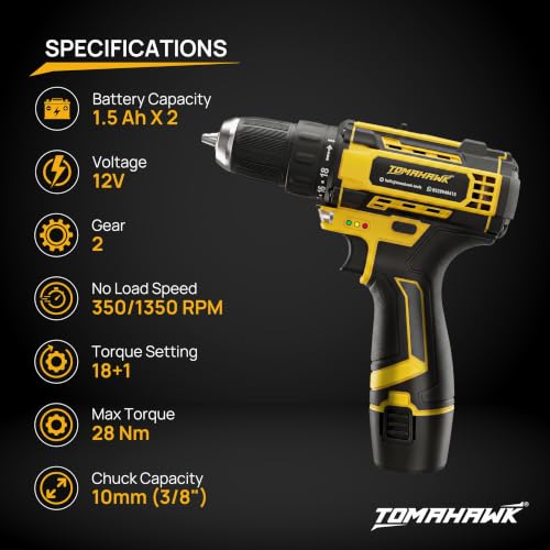 Image of TOMAHAWK TCDR-12A 12V Cordless Drill /Screwdriver Kit | 10mm Keyless Chuck | 2-Speed (350 /1350 RPM) | 1.5Ah Single Battery | LED Light | 25+1 Torque | Drill & Screwdriver Bit Set for Home, DIY