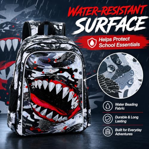 Image of 3Pcs Backpack for Boys, 16 inch Shark Kids Bookbag with Lunch Box, School Backpacks for Elementary Preschool Kindergarten (Black)