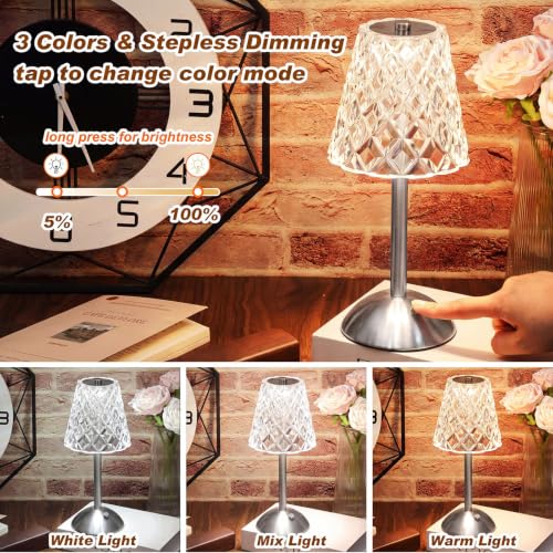 Image of Liliful 2 Pcs Cordless Table Lamp Rechargeable Touch LED Small Gold Portable Battery Operated USB-c Desk Lamp 3 Color Dimmable for Bedroom Living Room Dining (Silver,Diamond Style)