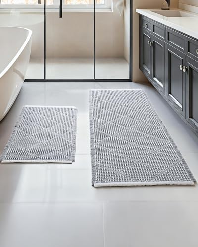 Furicher Waffle Bath Mat Set, Non Slip Bathroom Rugs Sets 2 Piece, Ultra Absorbent Long Bath Rug Runner for Bathroom Decor, Machine Washable Boho Mats, Grey & White, 20'×47' Plus 18'×30'