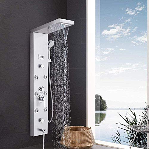 Sistema de Ducha 5 Funciones Panel de Ducha Conjunto de Ducha Columnas de Ducha de Acero Inoxidable con Ducha de Mano Cabezal de Ducha de Lluvia Cascada y Caño de Bañera con