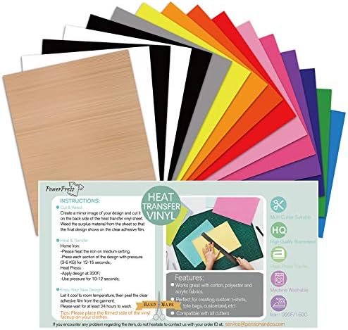 PowerPress Heat Transfer Vinyl Bundle - Iron on Vinyl - 12 x 10 Inches 15 Pack in Assorted Colors Vinyl Sheets, Bouns Teflon Sheet