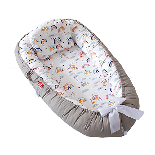 Image of Baby Lounger Cover for Newborn with Handles,Vohunt CoSleeping for Baby in Bed,100% Cotton Newborn Lounger Cover Adjustable Size & Strong Zipper Lengthen Space to 24 Months-Gray Edged Rainbow Pink