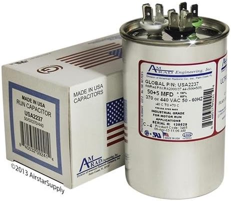 50 + 5 uf/Mfd Round Dual Universal Capacitor • AmRad USA2237 - used for 370 or 440 VAC, Made in the U.S.A.