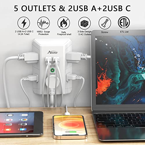 Usb-C Multi Plug Outlet Extender - Alestor 3 Sided Surge Protector Power Strip Wall Adapter Spaced With 5-Outlet Splitter And 4 Usb Ports(2 Usb C Ports) For Home, Office, Etl Listed, White #TOP1