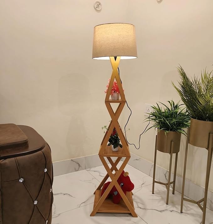 Wooden Floor Lamp with Built-in Display Shelves, Beige Fabric Shade, Modern Style-image-43