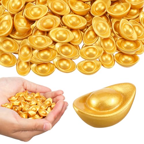 Hollowfly 60 Pcs Mini Ingot Yuan Bao Decor Mini Chinese Feng Shui Figurine Collectibles Chinese Coins Gold Ingot Feng Shui Lucky Yuan Bao Decor Good Luck Fortune Coin for Chinese New Year Craft Decor