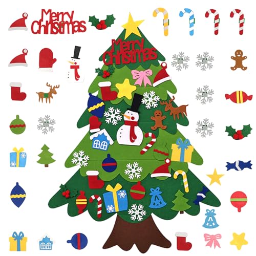 QDUODUO Felt Christmas Tree for Kids & Toddlers 3ft DIY Felt Xmas Tree Set with Velcro und 34 Removable Ornaments for Door Wall Hanging Creative Xmas Decorations Kit & Craft Activities for Children