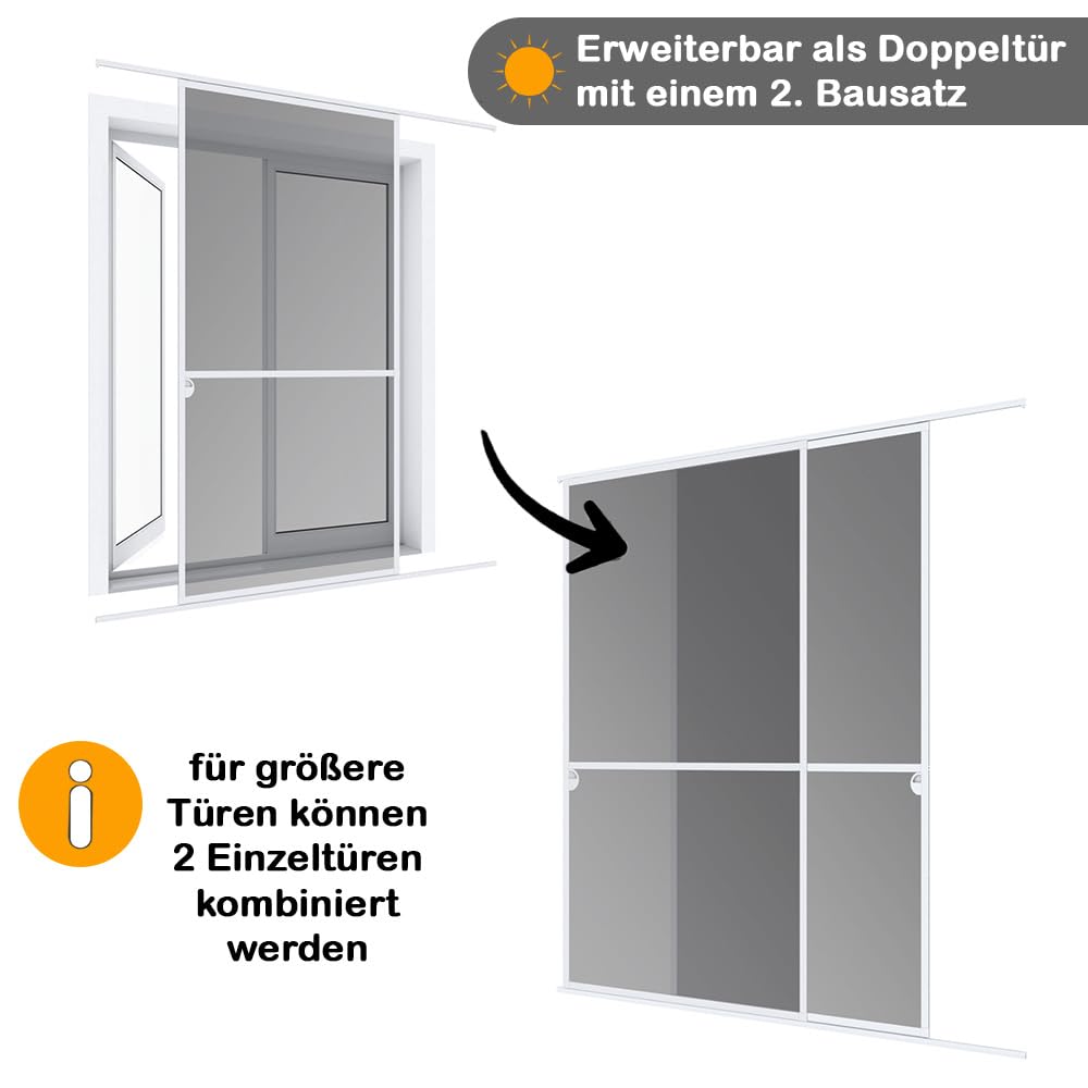 Expert Schiebetür Fliegengitter 120 x 240 cm weiß Insektenschutz Tür Schiebetür Mückenschutz Alu Rahmen zuschneidbar barrierefrei