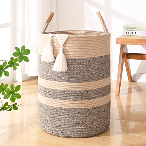 Image of Large Laundry Basket, Laundry Hamper with Leather Handles, 90L Woven Dirty Clothes Hamper, Rope Hampers for Bedroom, Barthroom, Dark Brown
