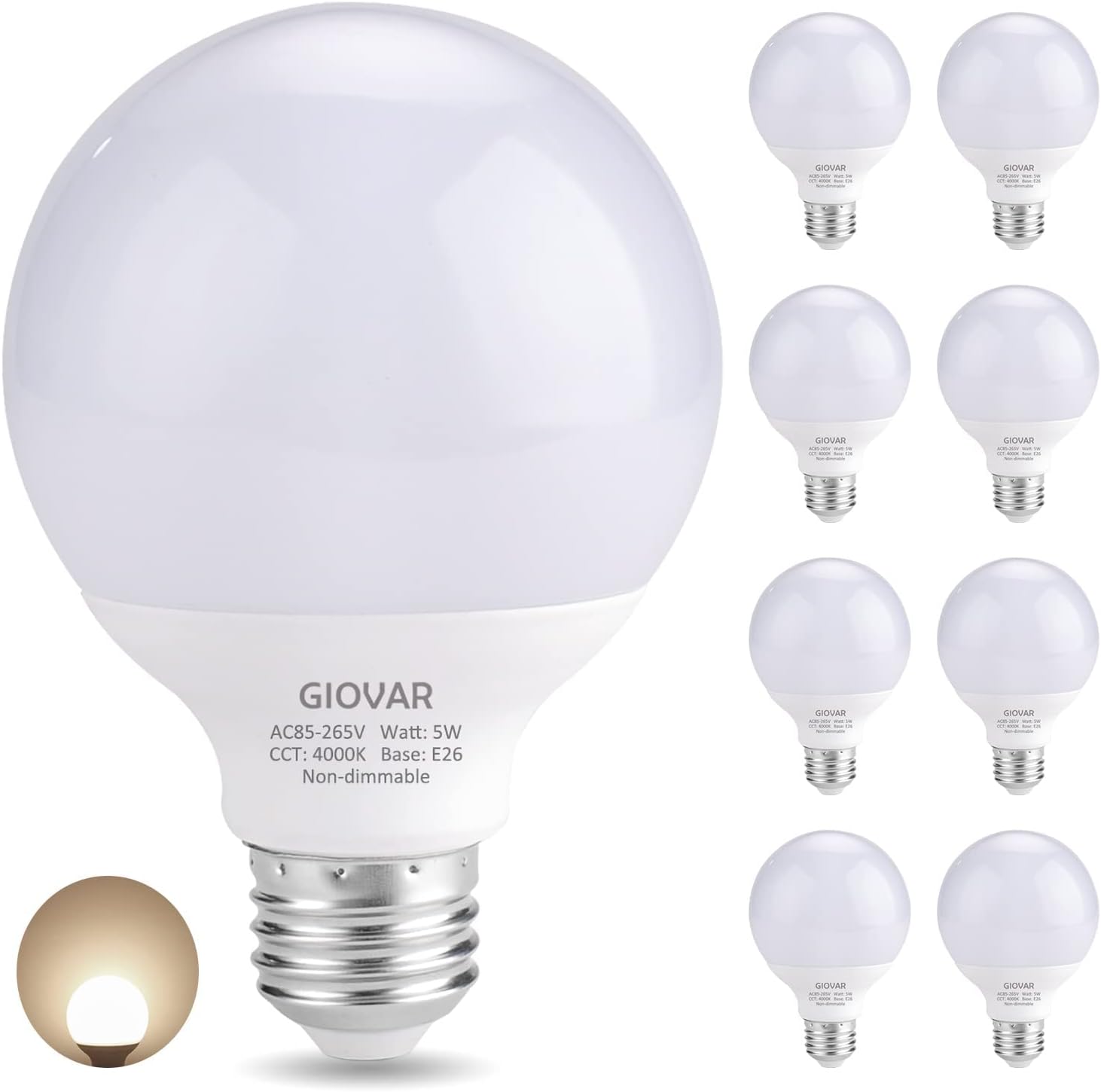8-Pack LED Bathroom Light Bulbs, 4000K Natural White Night Light Bulb, Non Dimmable Makeup Mirror Lights for Bedroom, E26 Medium Screw Base