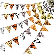 Thenshop 5pcs 32ft Jungle Safari Party Decorations Brown Wild Animal Leopard Zebra Print Triangle Flag Fabric Banner Pennant Garland Streamers for Cheetah Birthday Baby Shower Party Decor Supplies