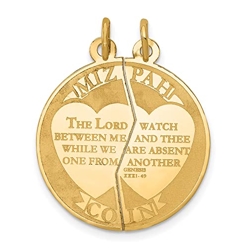 10k Yellow Gold Mizpah Coin Pendant for Couples with Split Heart Design, Genesis 31 49 Scripture, Christian Jewelry Symbolizing Faith, Love, and Spiritual Unity, Religious Necklace for Men or Women